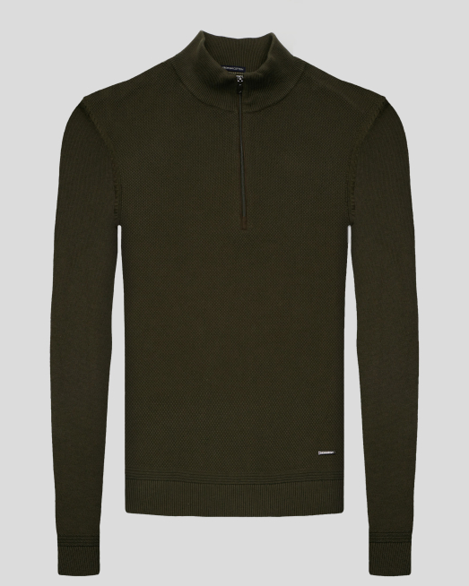 'ПУЛОВЕР  ОТ PREMIUM ПАМУК С КЪС ЦИП И ЛОГО В ЦВЯТ КАКИ