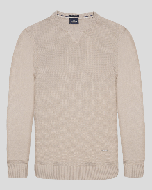 'БЕЖОВ КОМБИНИРАН ПУЛОВЕР ОТ PREMIUM ПАМУК В ГЛАДКА И СТРУКТУРНА ПЛЕТКА