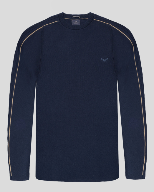 'ТЪМНОСИН ПУЛОВЕР ОТ PREMIUM ПАМУК С КОНТРАСТЕН КАНТ НА РАМЕНЕ И РЪКАВИ