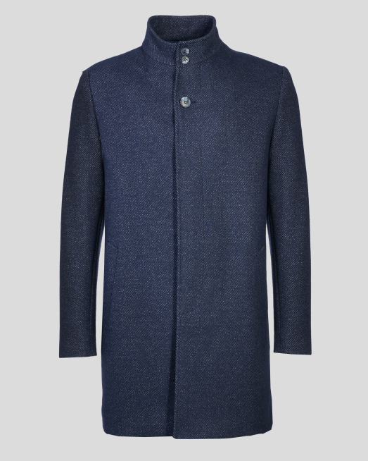 ' ТЪМНОСИНЬО МЕЛАНЖИРАНО ПАЛТО СЪС СКРИТО ЗАКОПЧАВАНЕ И ЛОГО