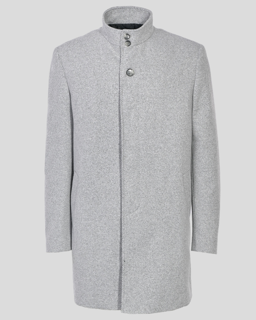 'СИВО ПАЛТО МЕЛАНЖ СЪС СКРИТО ЗАКОПЧАВАНЕ И ЛОГО НА ЯКАТА