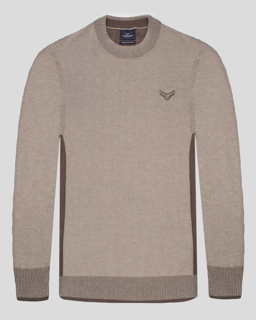 'ТЪМНОБЕЖОВ ПУЛОВЕР ОТ PREMIUM ПАМУК С РЕЛЕФНА БРОДЕРИЯ ЛОГО 