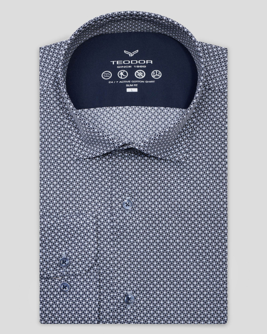 'ДВУЦВЕТНА  РИЗА СЪС СИТЕН ФИГУРАЛЕН ПРИНТ В ТЪМНОСИНЬО И СВЕТЛОСИНЬО