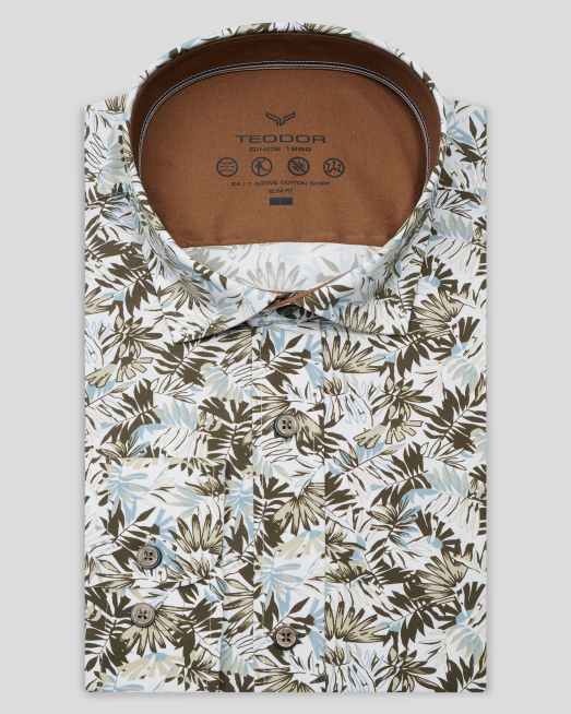 'БЯЛА РИЗА ВТАЛЕН СИЛУЕТ С КОНТРАСТЕН ПРИНТ НА ЛИСТА