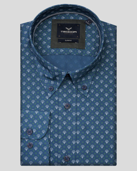 'СИНЯ РИЗА В СИТЕН КОНТРАСТЕН ПРИНТ С КОПЧЕТА НА ЯКАТА