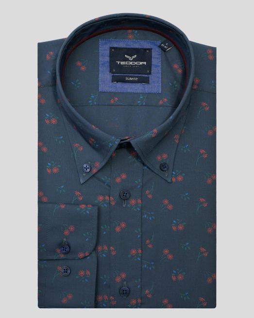 'ТЪМНОСИВА ПАМУЧНА РИЗА С КОНТРАСТЕН ФЛОРАЛЕН ПРИНТ 