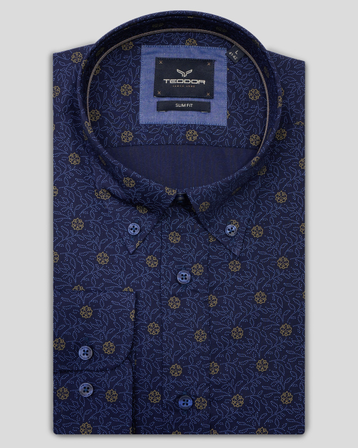 'ИНДИГОВО СИНЯ РИЗА В КОНТРАСТЕН ПРИНТ НА ЦВЕТЯ С КОПЧЕТА НА ЯКАТА