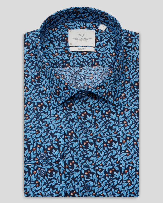 'СИНЯ РИЗА С КОНТРАСТЕН ФЛОРАЛЕН ПРИНТ И ПОДВИЖНИ БАНЕЛИ НА ЯКАТА