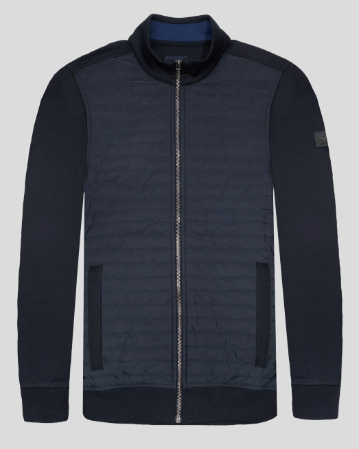 'ТЪМНОСИН КОМБИНИРАН СУИТШЪРТ С КАПИТОНИРАНА ПРЕДНИЦА И ЛОГО НА РЪКАВ  