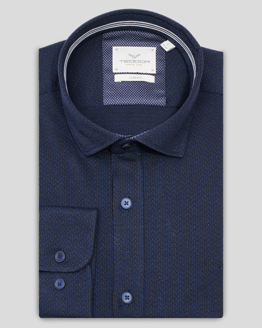 'ИНДИГОВО СИНЯ РИЗА С КОНТРАСТЕН ДЕСЕН ВТАЛЕН СИЛУЕТ