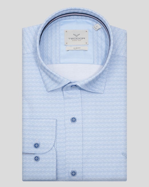 'ДВУЦВЕТНА ВТАЛЕНА РИЗА СЪС СИТЕН ПРИНТ В СИНЬО И БЯЛО  