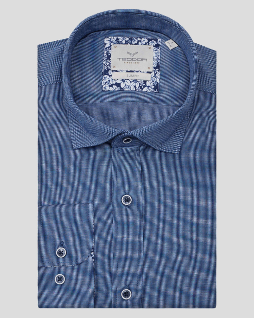 'ТЪМНОСИНЯ РИЗА МЕЛАНЖ ОТ ЕЛАСТИЧНО ПАМУЧНО ТРИКО ВТАЛЕН СИЛУЕТ