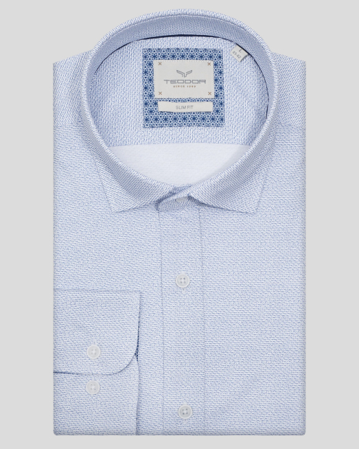 'БЯЛА ПАМУЧНА РИЗА СЪС СИТЕН ПРИНТ В ТЪМНОСИНЬО