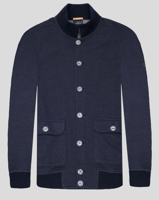 'ТЪМНОСИНЯ ЖИЛЕТКА МЕЛАНЖ В ДЕСЕН РИБЕНА КОСТ С ВЪНШНИ ДЖОБОВЕ 