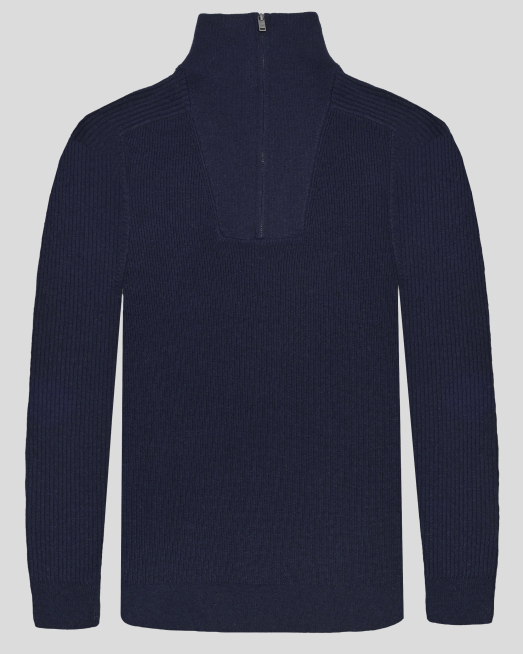 'ТЪМНОСИН ПУЛОВЕР ОТ ВЪЛНА, ВИСКОЗА И КАШМИР С ВИСОКА ЯКА И ЦИП  