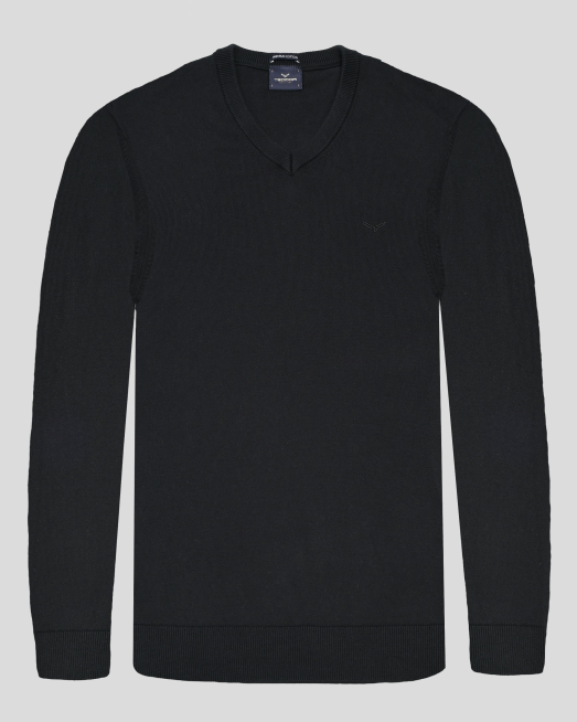 'ЧЕРЕН ПУЛОВЕР ОТ PREMIUM ПАМУК С V-ОБРАЗНО ДЕКОЛТЕ И БРОДЕРИЯ ЛОГО 