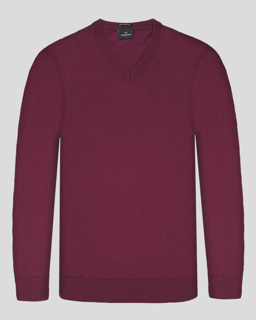 'ПУЛОВЕР С V-ОБРАЗНО ДЕКОЛТЕ И БРОДЕРИЯ ЛОГО ОТ PREMIUM ПАМУК В БОРДО 