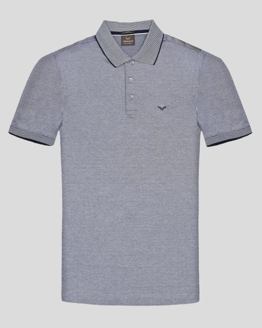 'ПОЛО ТЕНИСКА В ТЪМНОСИН И БЯЛ МЕЛАНЖ ОТ ДВОЙНО МЕРСЕРИЗИРАН ПАМУК