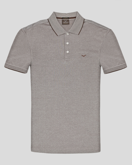 'ТЕНИСКА С ЯКА И КОПЧЕТА ОТ МЕРСЕРИЗИРАН ПАМУК В КАМЕЛ И ЕКРЮ МЕЛАНЖ