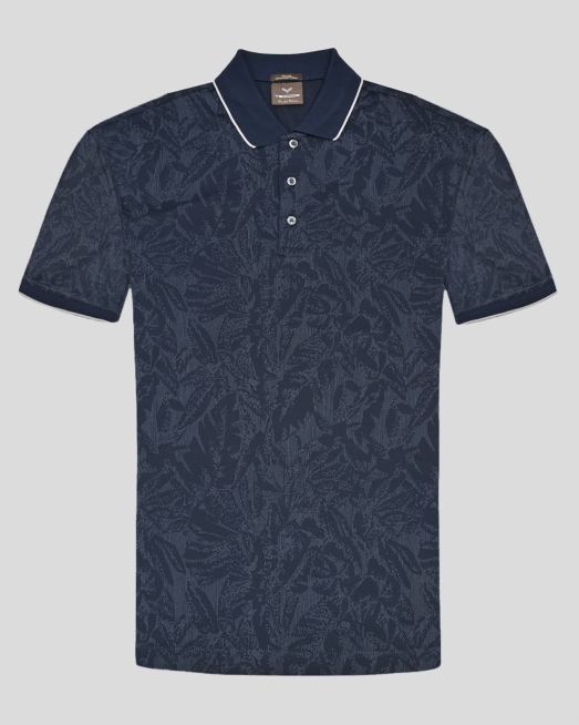 'ТЪМНОСИНЯ ТЕНИСКА ОТ ДВОЙНО МЕРСЕРИЗИРАН ПАМУК С ЕФЕКТЕН ТОНАЛЕН ПРИНТ