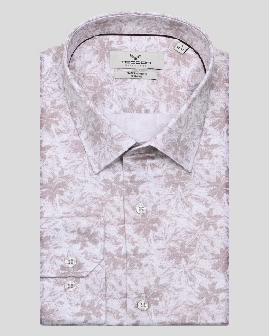 'ДВУЦВЕТНА ФЛОРАЛНО ПРИНТИРАНА РИЗА В БЕЖОВО И БЯЛО  ВТАЛЕН СИЛУЕТ