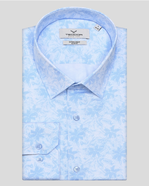 'ДВУЦВЕТНА ПРИНТИРАНА РИЗА ОТ САТЕНИРАН ПАМУК В БЯЛО И СВЕТЛОСИНЬО