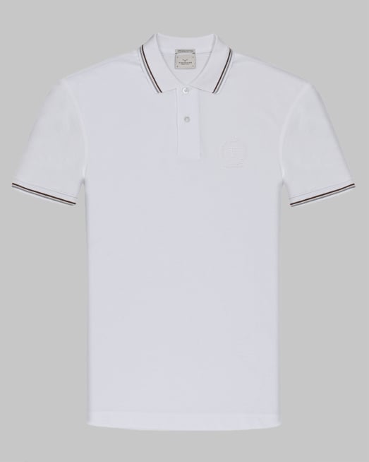 'БЯЛА ПОЛО ТЕНИСКА ОТ PREMIUM ПАМУК С КОНТРАСТНА ДЕСЕНАЦИЯ И ЛОГО