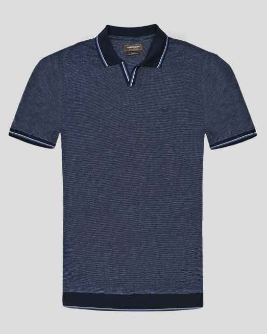 'ТЪМНОСИНЯ ТЕНИСКА МЕЛАНЖ С ПОЛО ЯКА ОТ МЕРСЕРИЗИРАН ЕГИПЕТСКИ ПАМУК 