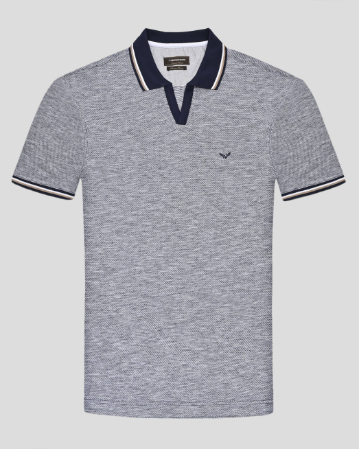 'ТЕНИСКА С ПОЛО ЯКА ОТ ПАМУК, МОДАЛ И ЛЕН В ТЪМНОСИН И БЯЛ МЕЛАНЖ 