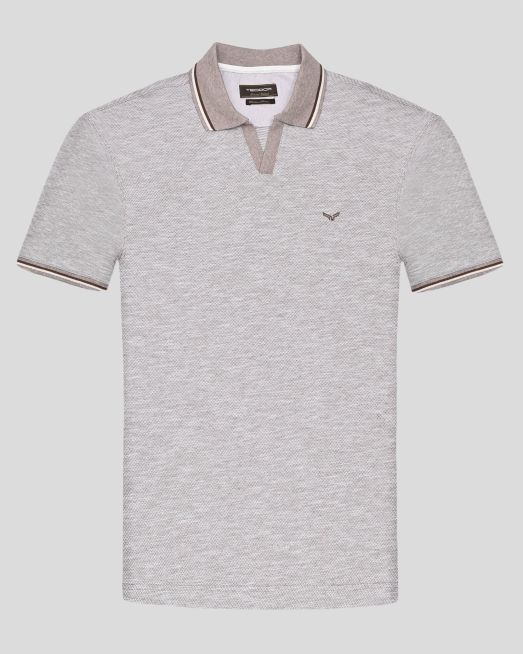 'ТЕНИСКА С ПОЛО ЯКА ОТ ПАМУК, МОДАЛ И ЛЕН В БЕЖОВ МЕЛАНЖ