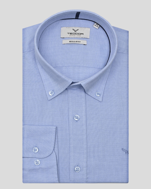 'СВЕТЛОСИНЯ РИЗА ОТ СТРУКТУРЕН ПАМУЧЕН ПЛАТ ОКСФОРД СВОБОДЕН СИЛУЕТ