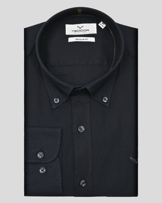 'ЧЕРНА РИЗА ОТ СТРУКТУРЕН ПАМУЧЕН ПЛАТ ОКСФОРД СВОБОДЕН СИЛУЕТ