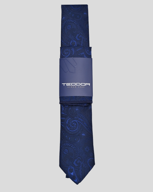 'ТЪМНОСИН КОМПЛЕКТ ВРАТОВРЪЗКА И КЪРПА ЗА САКО С ПЕЙСЛИ МОТИВИ