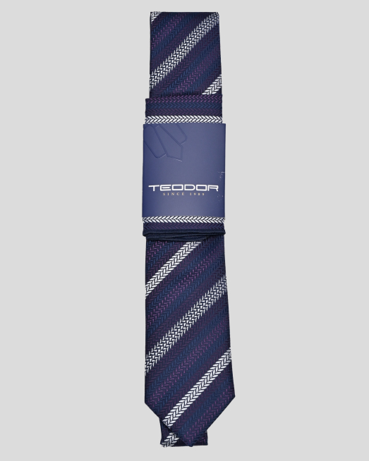 'КОМПЛЕКТ ВРАТОВРЪЗКА С КЪРПА В ТЪМНОСИНЬО, ЛИЛАВО И БЯЛО РАЙЕ