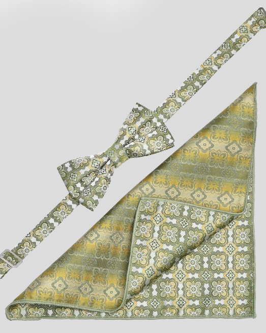 'КОМПЛЕКТ ОТ ПАПИЙОНКА И КЪРПИЧКА С ФЛОРАЛНИ МОТИВИ В ЗЕЛЕНО И ЖЪЛТО