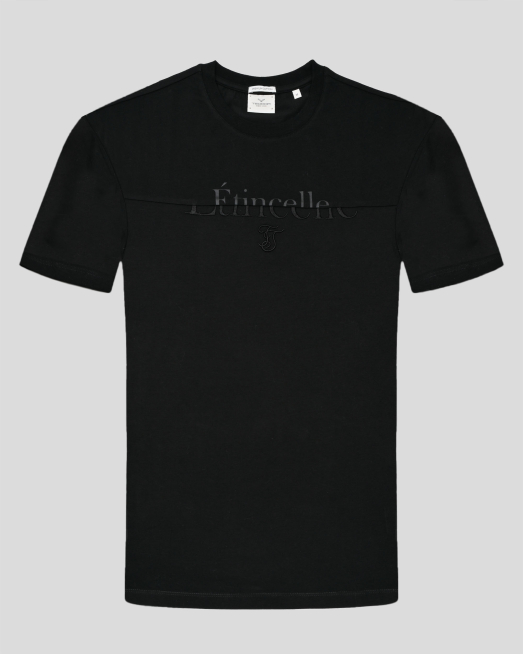 'ЧЕРНА ТЕНИСКА ОТ PREMIUM ПАМУК С ЕФЕКТЕН ПРИНТ И БРОДЕРИЯ НАДПИС 