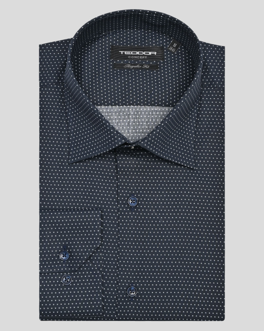 'ТЪМНОСИНЯ КЛАСИЧЕСКА РИЗА В СИТЕН КОНТРАСТЕН ПРИНТ