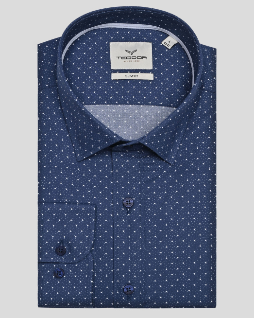 'СИНЯ ВТАЛЕНА РИЗА ОТ ПАМУЧЕН ГАБАРДИН С КОНТРАСТЕН ДЕСЕН