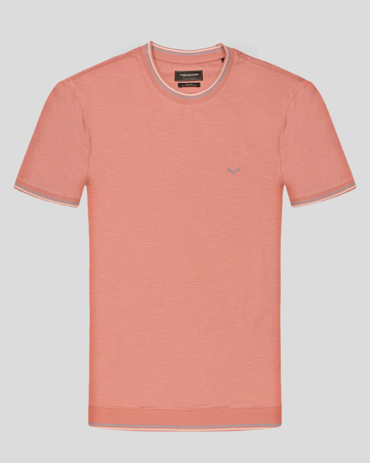 'ТЕНИСКА ОТ МЕРСЕРИЗИРАН ПАМУК В ЦВЯТ СЬОМГА С КОНТРАСТНА ДЕСЕНАЦИЯ 