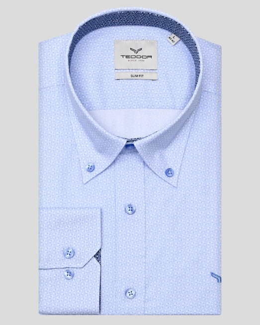 'ДВУЦВЕТНА ПРИНТИРАНА РИЗА С КОНТРАСТНА ГАРНИТУРА В СВЕТЛОСИНЬО И БЯЛО