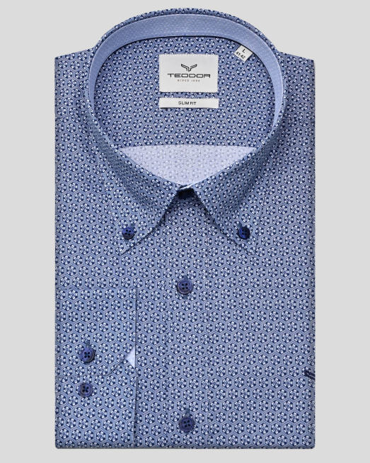 'ДВУЦВЕТНА РИЗА С ЕФЕКТЕН ПРИНТ В ТЪМНОСИНЬО И БЯЛО ВТАЛЕН СИЛУЕТ