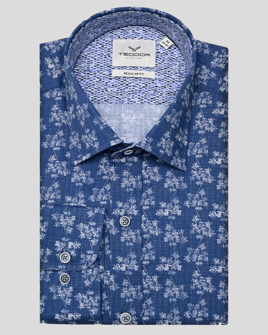 'ДВУЦВЕТНА РИЗА В СИНЬО И БЯЛО С ЕФЕКТЕН ФЛОРАЛЕН ПРИНТ