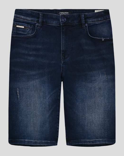 'ДЕНИМ СИНИ ДЪНКОВИ БЕРМУДИ С ЕФЕКТНО ИЗСВЕТЛЯВАНЕ И МЕТАЛНО ЛОГО