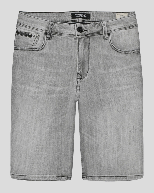 'СИВИ ДЪНКОВИ БЕРМУДИ С ДЕКОРАТИВНИ НАКЪСВАНИЯ И  МЕТАЛЕН ЛОГО АКСЕСОАР