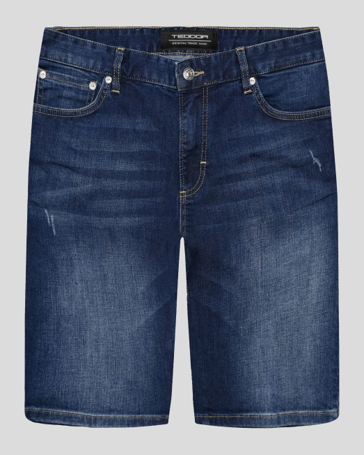 'ДЕНИМ СИНИ ДЪНКОВИ БЕРМУДИ С ДЕКОРАТИВНИ НАКЪСВАНИЯ И ЛЕК ИЗТРИТ ЕФЕКТ