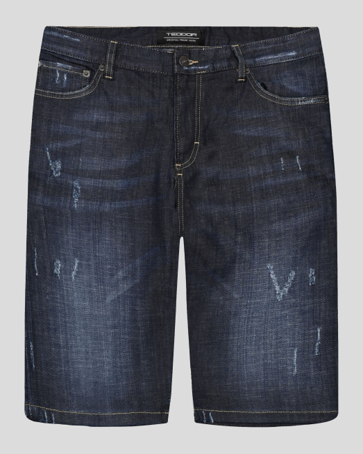 'ТЪМНОСИНИ ДЪНКОВИ БЕРМУДИ С  КОНТРАСТНИ ШЕВОВЕ И КОЖЕНА ЕМБЛЕМА