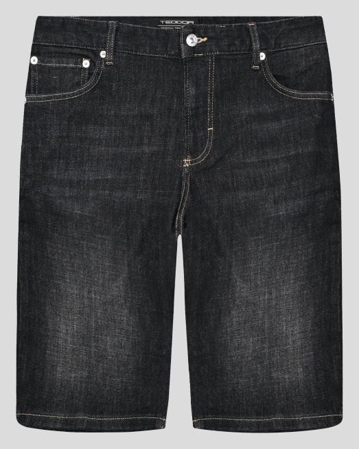 'ЧЕРНИ ДЪНКОВИ БЕРМУДИ С КОНТРАСТНИ ШЕВОВЕ И РЕЛЕФНА ЛОГО ЕМБЛЕМА