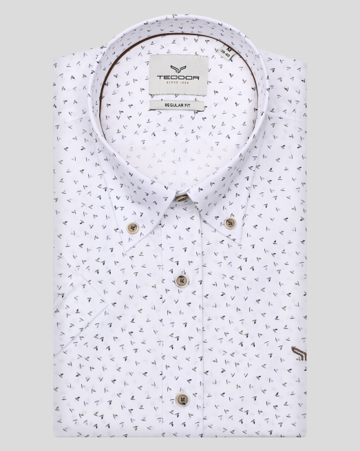 'БЯЛА РИЗА С КЪС РЪКАВ В СИТЕН КОНТРАСТЕН ПРИНТ