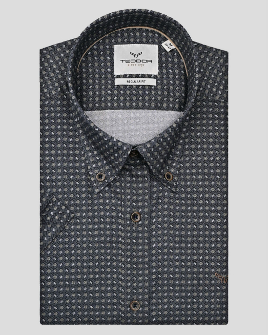 'ТЪМНОСИВА РИЗА С КЪС РЪКАВ В СИТЕН КОНТРАСТЕН ДЕСЕН