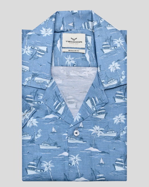 'СИНЯ РИЗА ТИП ХАВАЙСКА С КОНТРАСТЕН АРТ ПРИНТ 